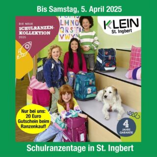 Noch bis einschließlich Samstag bei uns in St. Ingbert, Kaiserstr. 50, Schulranzen-Beratungstage. Terminvereinbarung unter Tel. 06894-4065, WhatsApp 01573-8330096 oder per Mail an: st.ingbert@klein-papier.de // Nur bei uns: 20 Euro Gutschein für Schulbedarf beim Ranzenkauf. 
#stingbert #sanktingbert #saarpfalzkreis